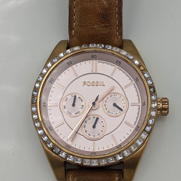 Fossil Watch Pink Face Crystal Circle Leather Band - Picture 1 of 11